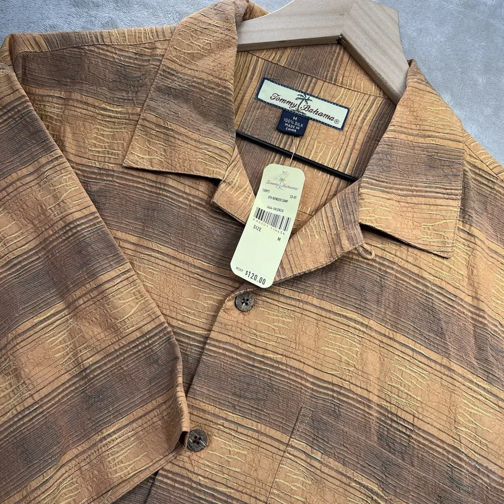 Tommy Bahama Shirt Men's M Silk Orange Brown Striped Short Sleeve NEW